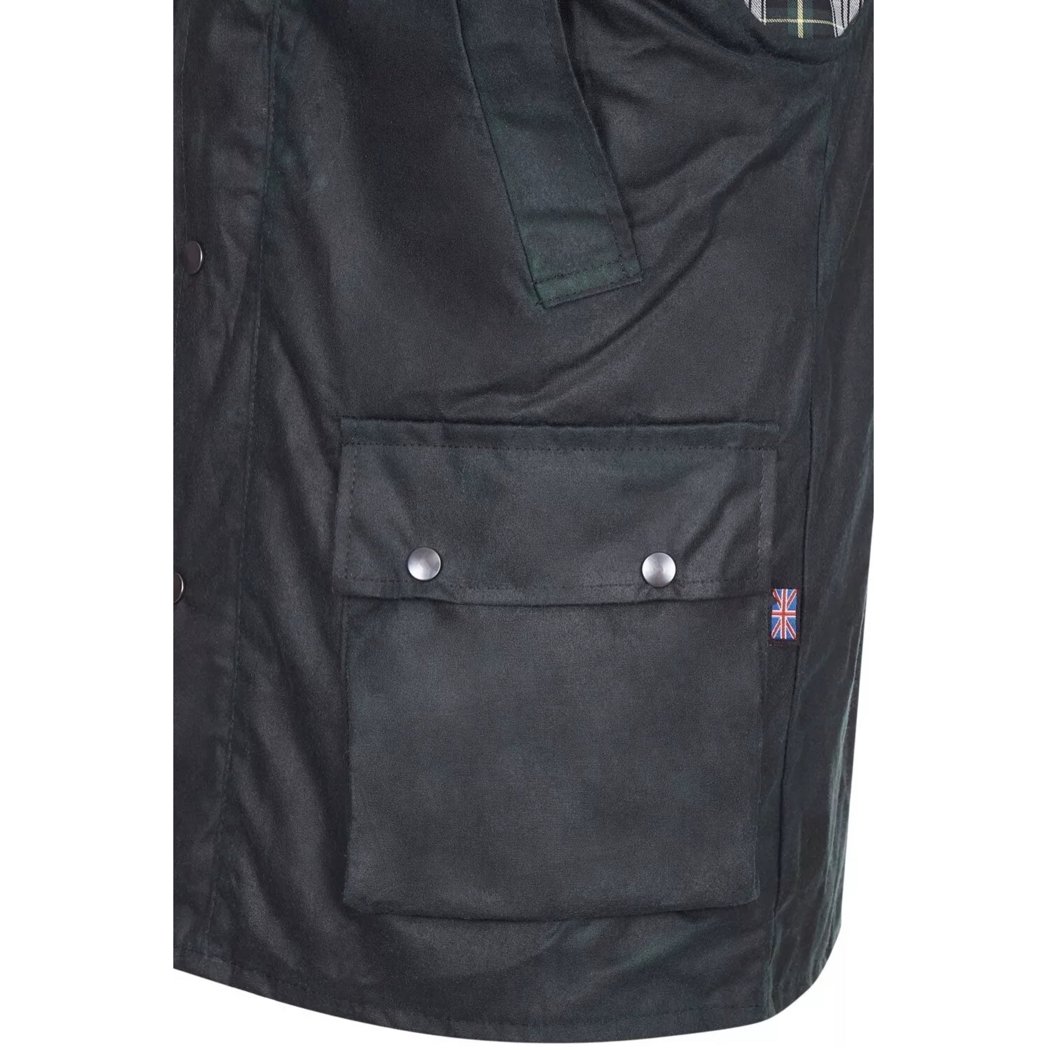 Men's Nicky Adams branded green waterproof wax waistcoat with multiple pockets and tartan lining